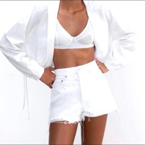 ZARA High Rise White Denim Shorts Size 6 (38) Ripped Details NWT